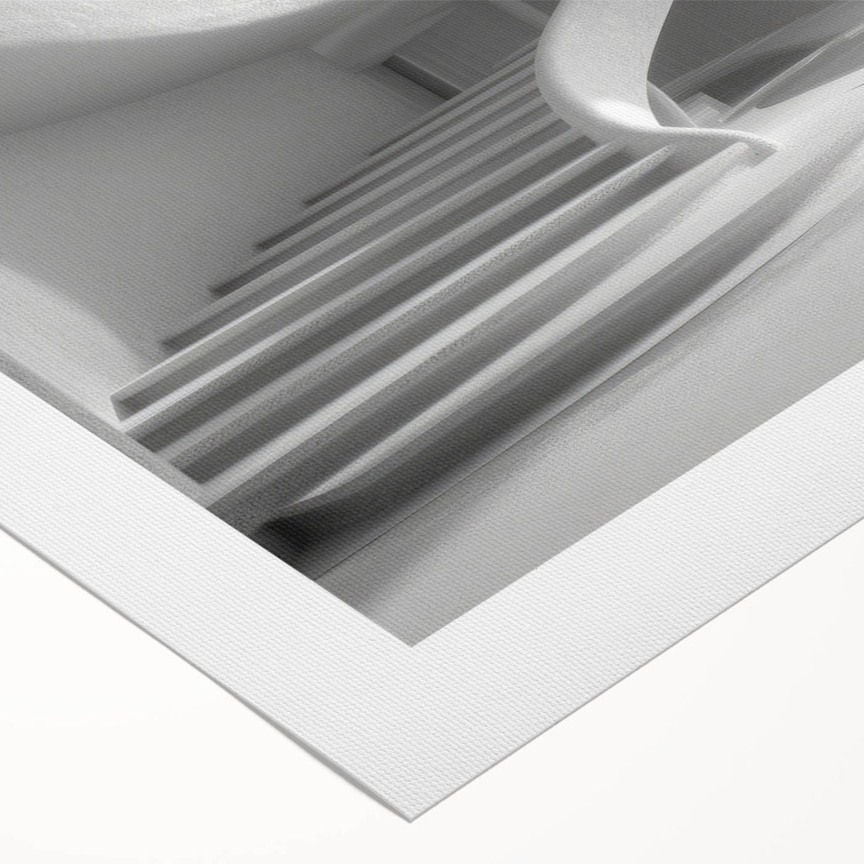 Art deco poster of a spiral staircase in monochrome, printed on rolled canvas, suitable for dining room or bathroom walls.