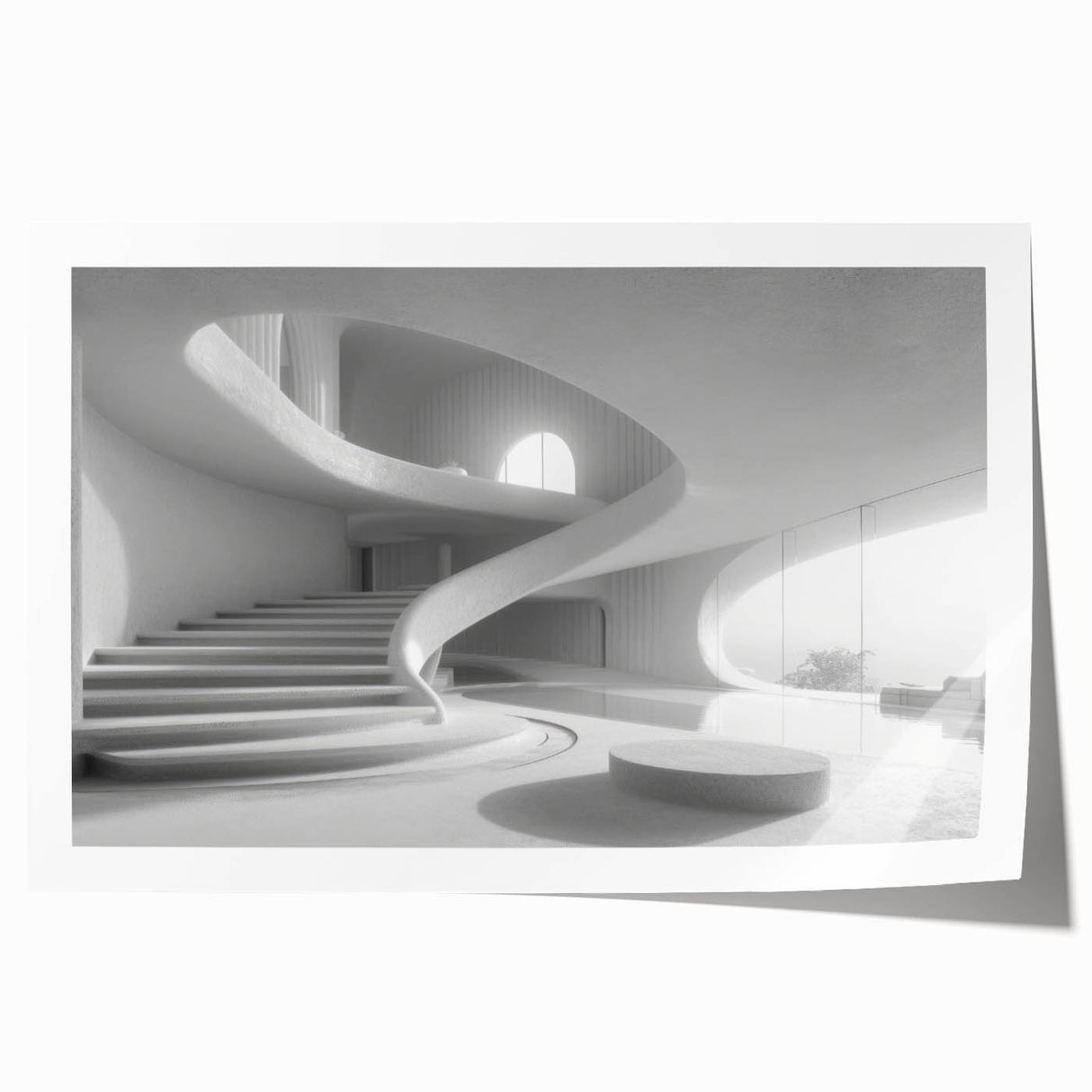 Spiral staircase design in muted gray tones on a large rolled canvas, suitable for art wall dining room.