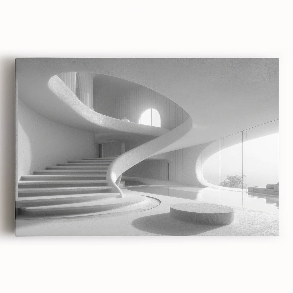 Large black and white photo of a spiral staircase on stretched canvas, suitable for kitchen wall art.