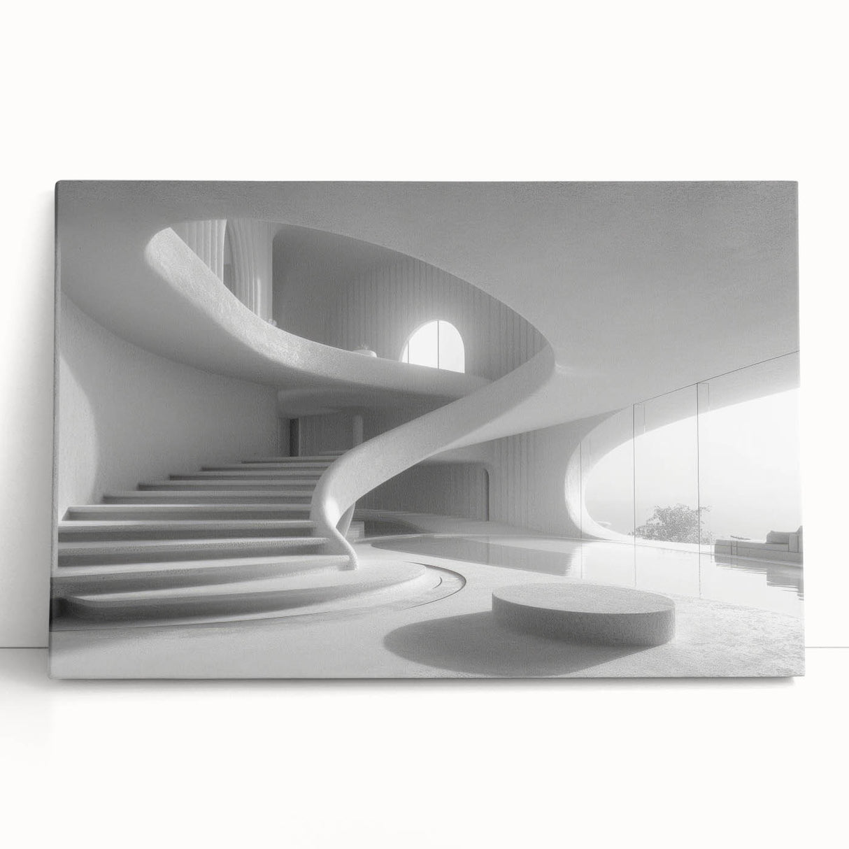 Black and white photograph of a spiral staircase on a stretched canvas, ideal for kitchen wall art or bedroom decor.