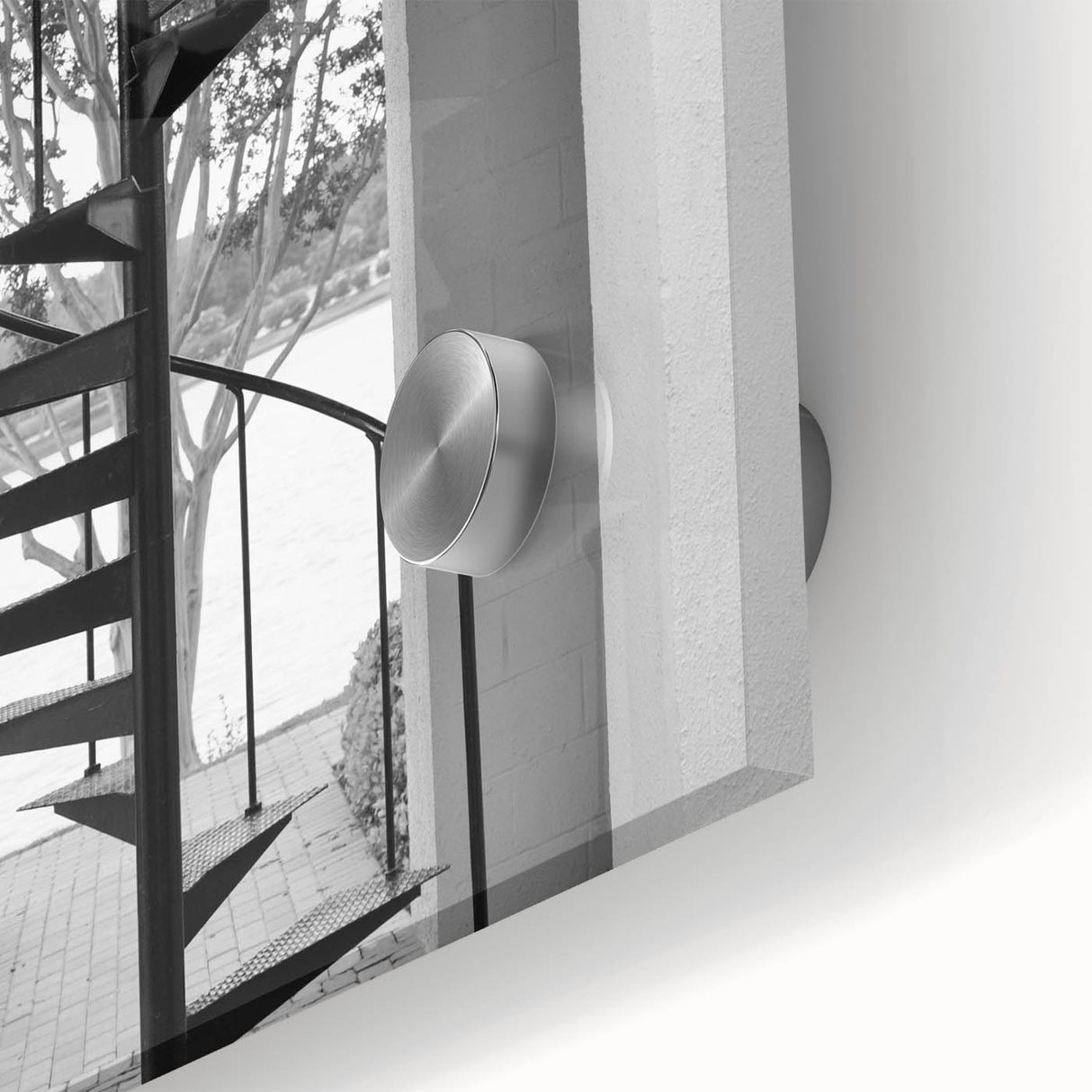 Mid-century modernist large abstract wall art featuring a spiral staircase in muted grays, ideal for dining room art.