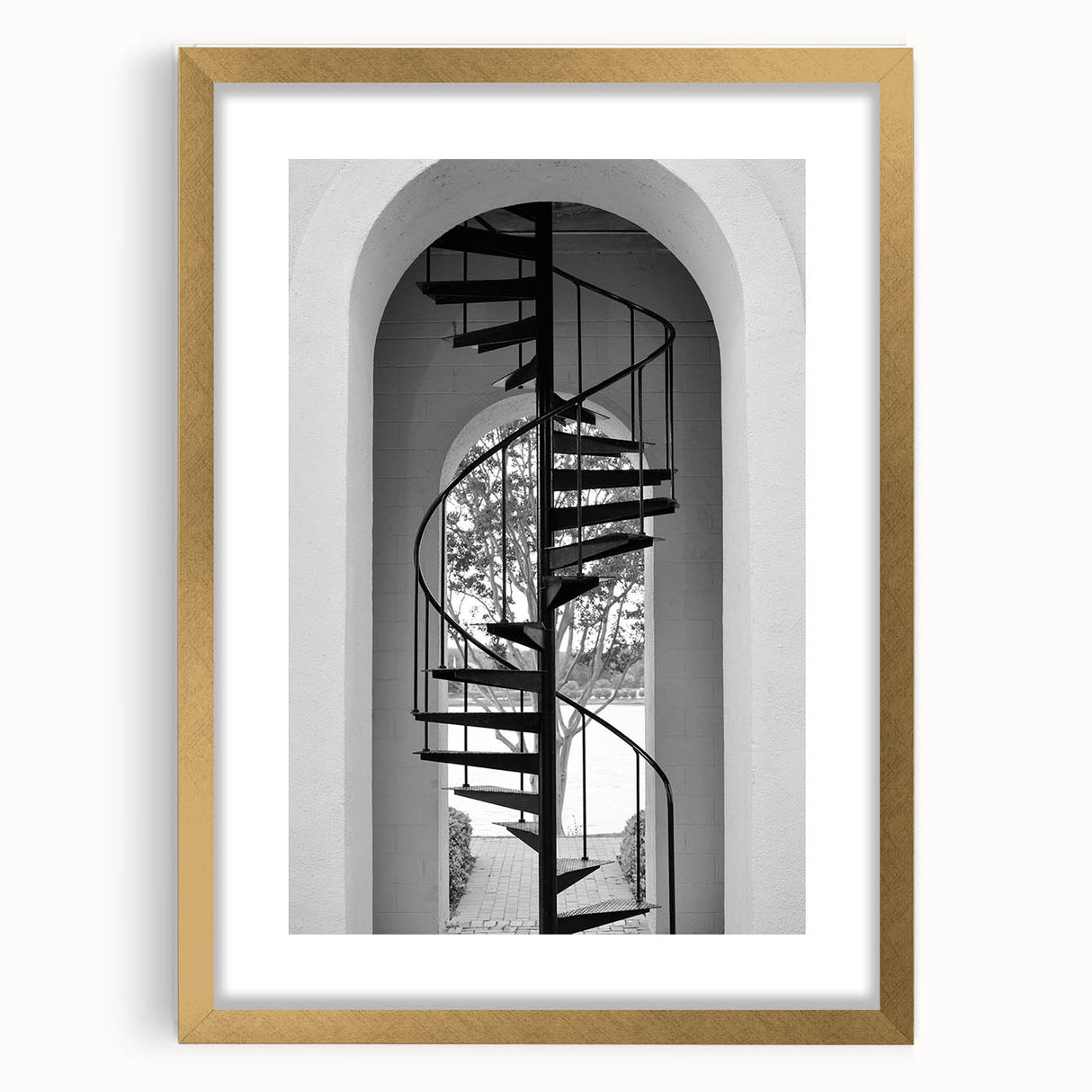 Extra large abstract art print featuring a textured staircase design in gold and black, framed with a mat.