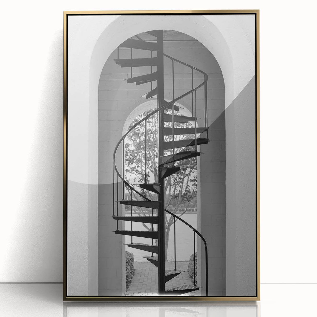 Mid-century modernist spiral staircase in gold and black tones, acrylic print, suitable for modern art wall decor.