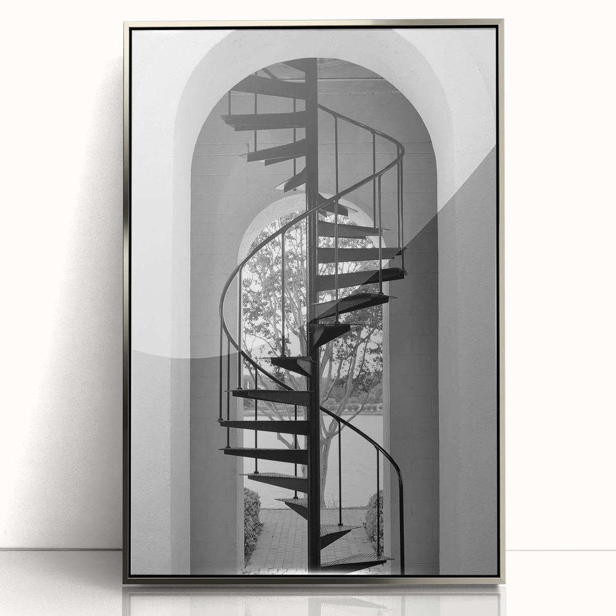 Mid-century modernist art featuring a spiral staircase in muted gray, acrylic framed, ideal for modern art wall decor.
