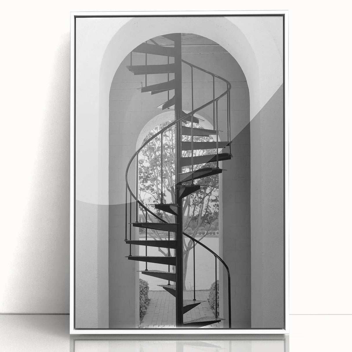 Art Deco poster featuring a spiral staircase in monochrome, framed acrylic, ideal for modern art wall decor.