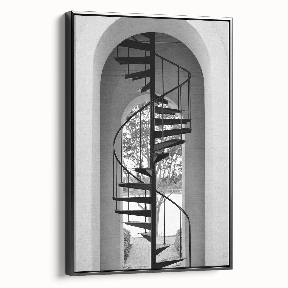 Black and white framed canvas featuring a spiral staircase design, ideal for bedroom wall decor.
