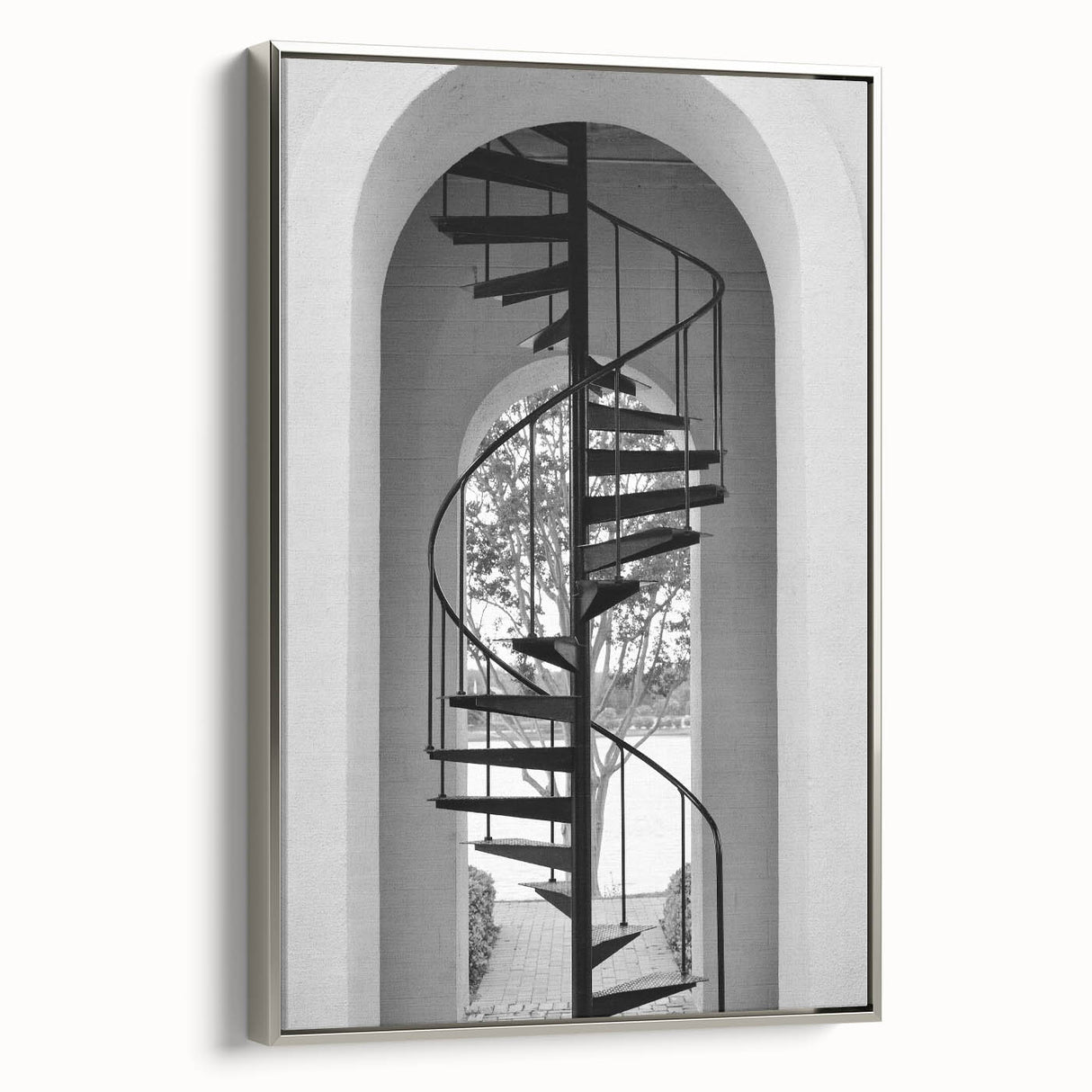 Spiral staircase design in black and white, framed canvas, suitable for modern office decor.