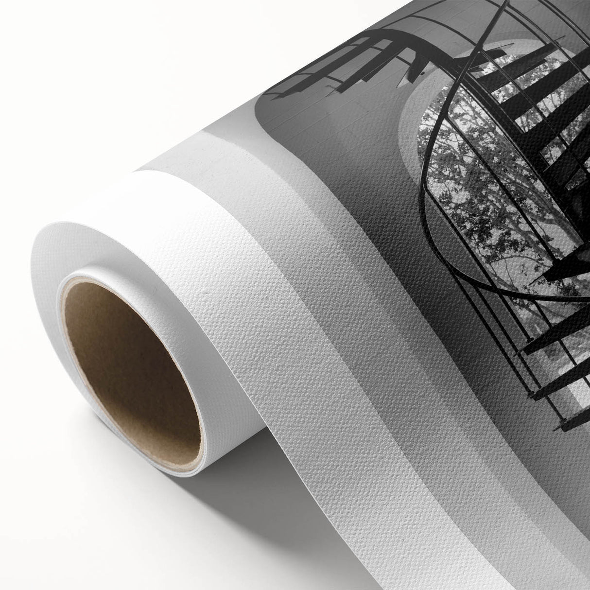 Art Deco poster of a spiral staircase in monochrome, printed on rolled canvas.