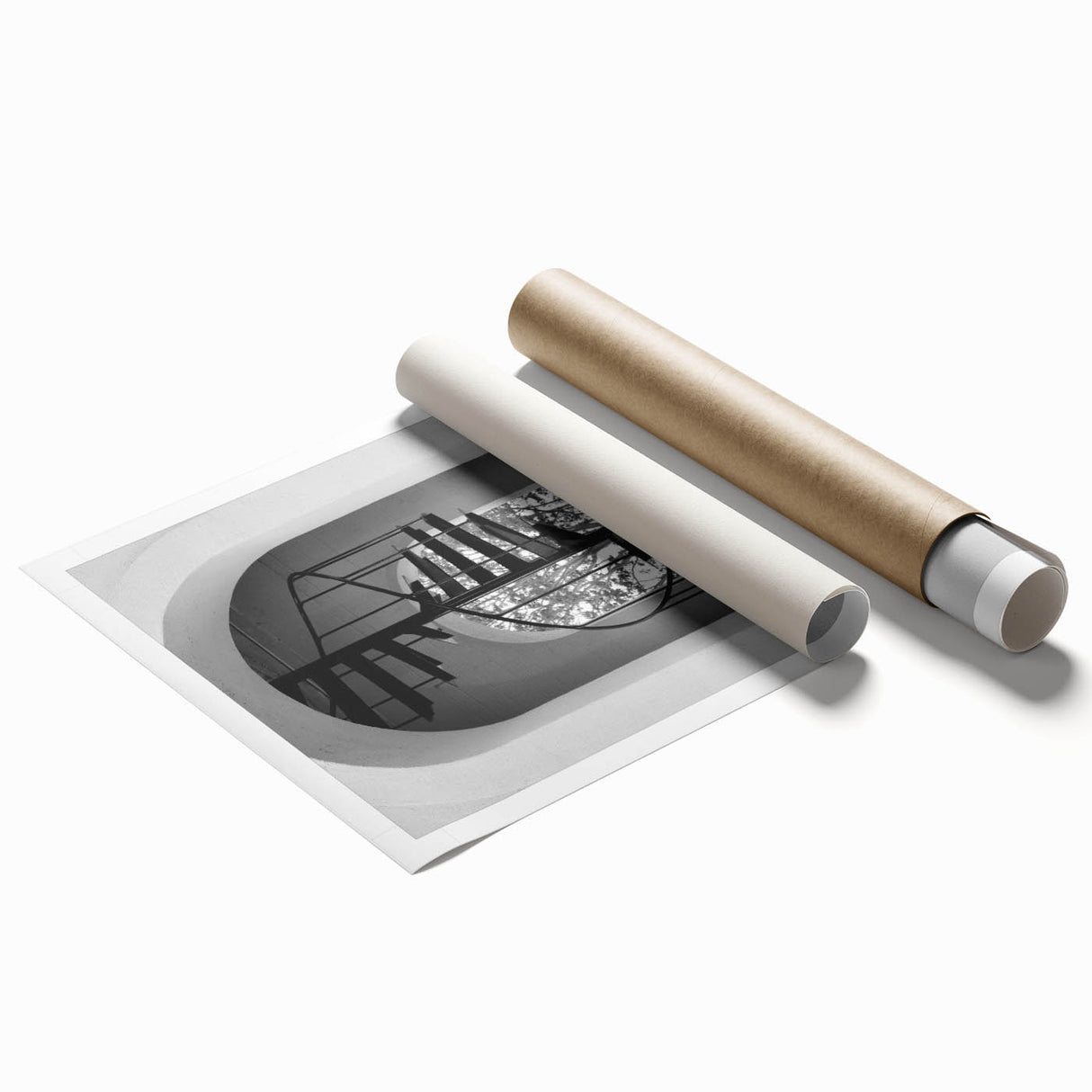 Spiral staircase design in muted gray tones on a rolled print, suitable for classy bathroom wall art.