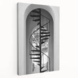 Spiral staircase design in black and white on stretched canvas, suitable for kitchen wall art.