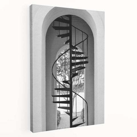 Spiral staircase design in black and white on stretched canvas, suitable for kitchen wall art.