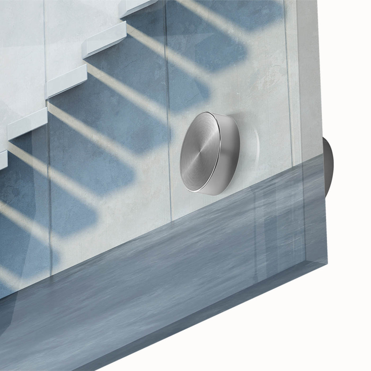 Mid-century modernist large abstract art print on acrylic glass featuring a spiral staircase in grayscale.