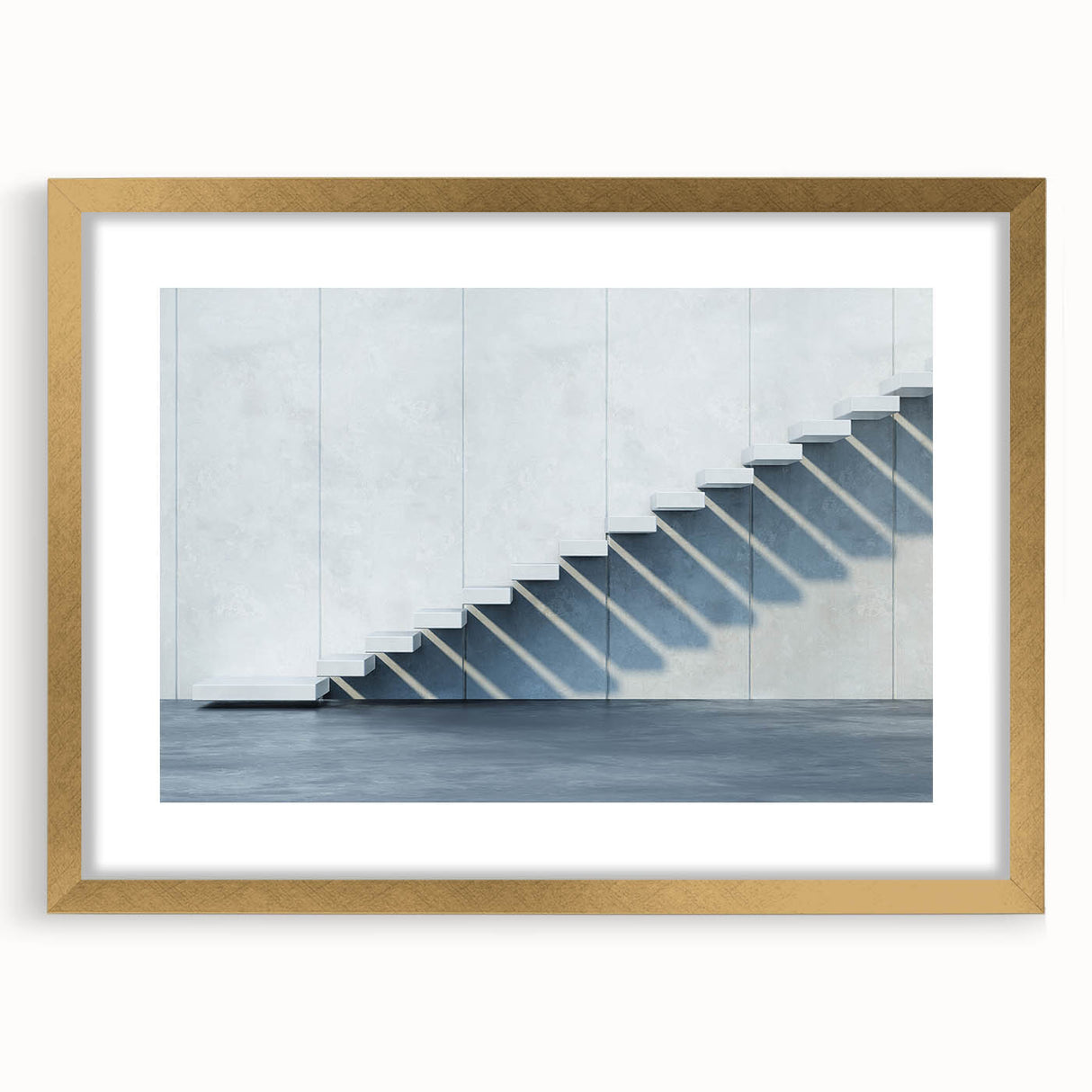 Extra large abstract art print of a textured staircase design in gold tones, framed, ideal for living room decor.