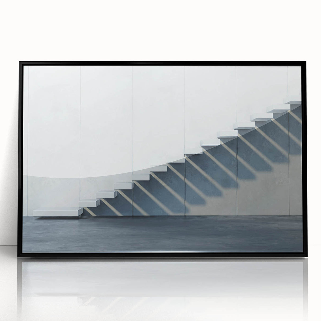 Large abstract wall art featuring a spiral staircase in black and white, acrylic print in a black frame.