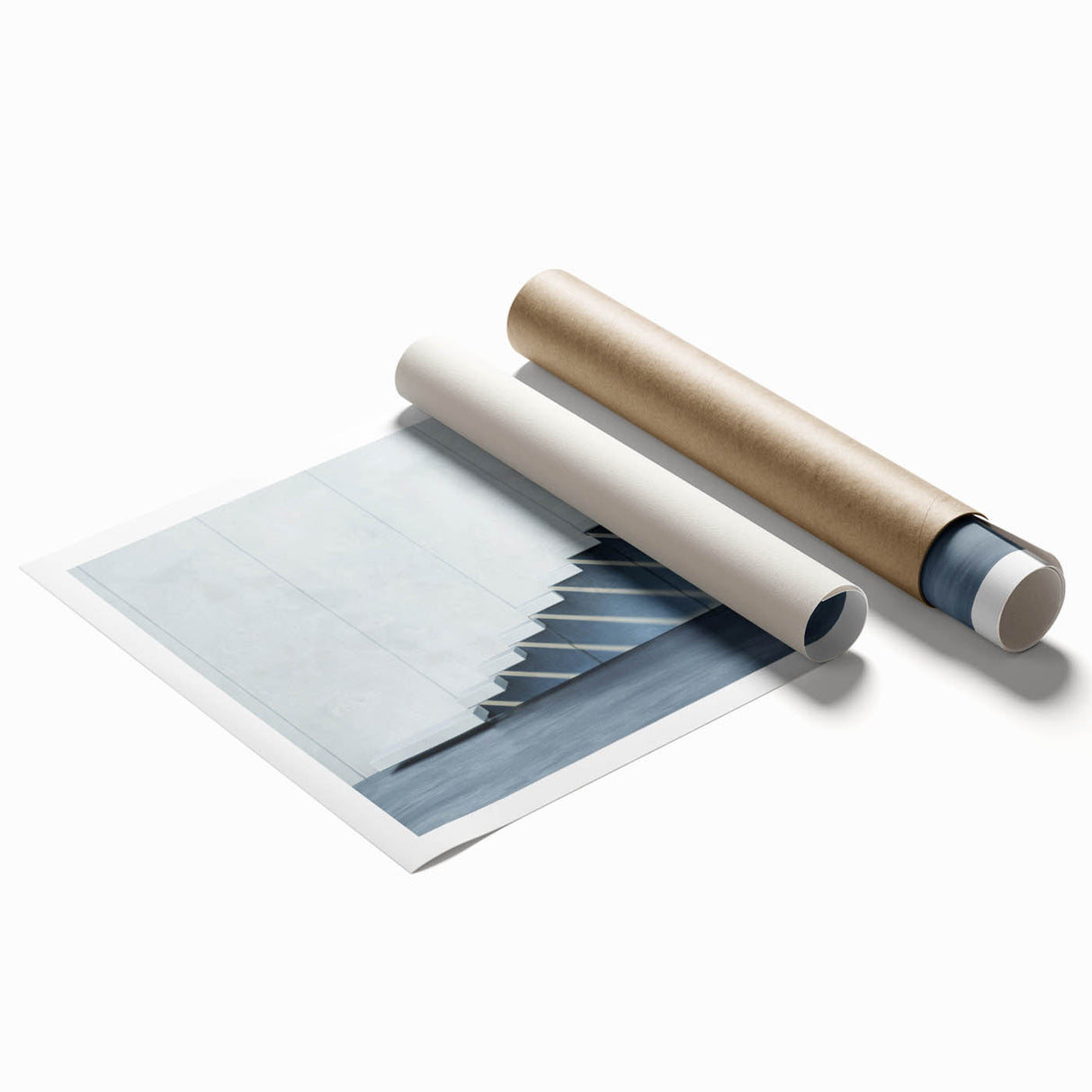 Spiral staircase design in monochrome on rolled print, suitable for classy bathroom wall art.