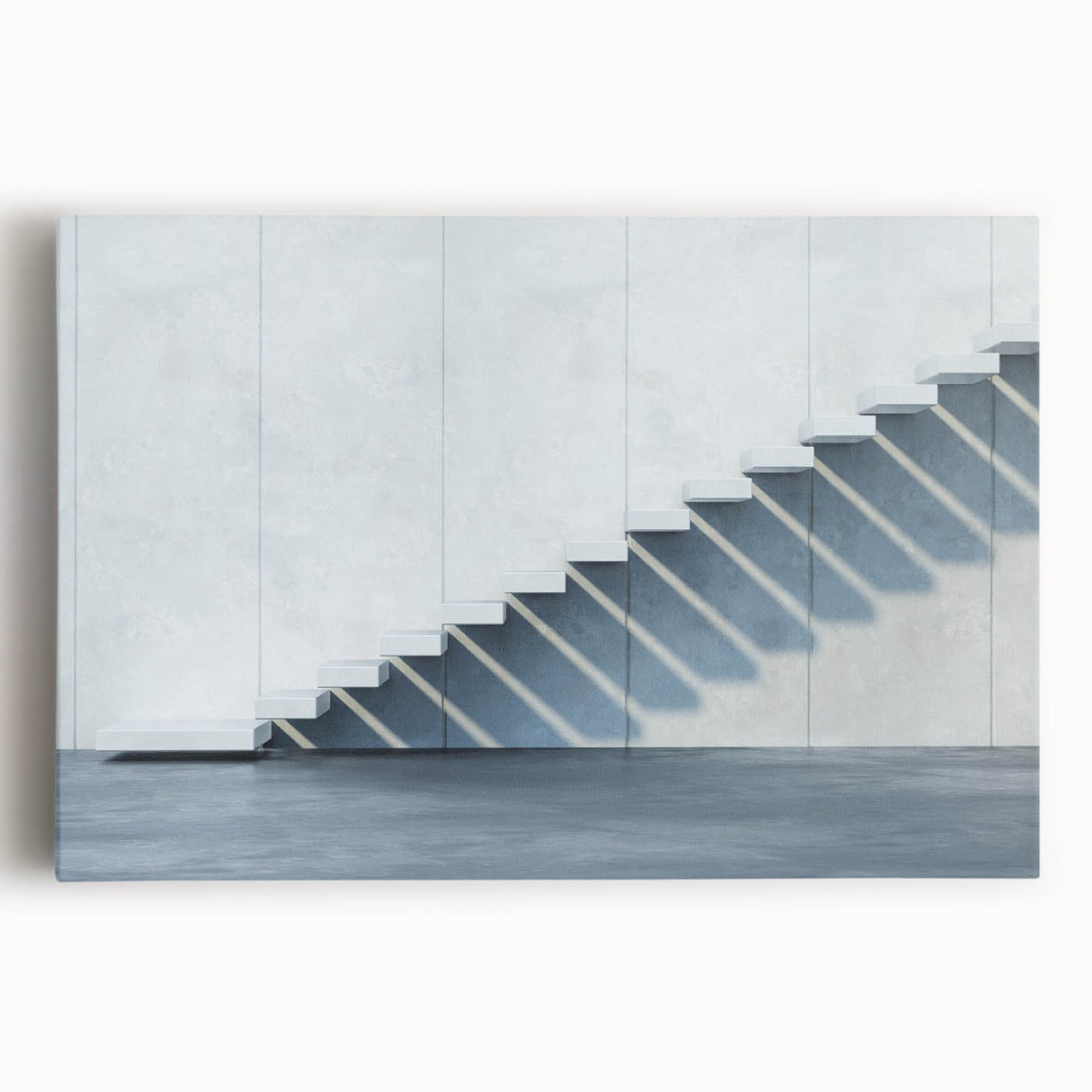 Spiral staircase in black and white on a large stretched canvas, suitable for kitchen wall art.