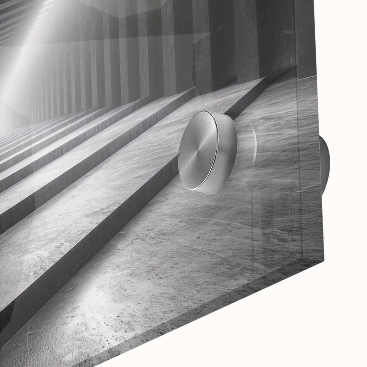 Large abstract wall art on acrylic glass depicting geometric tunnels in gray and blue, ideal for dining room art.