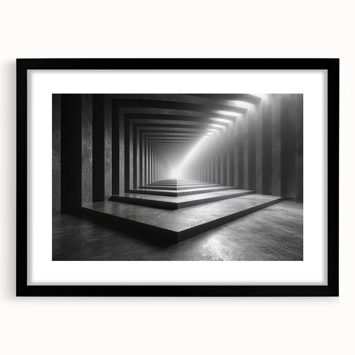 Extra large abstract art print featuring colorful, textured tunnel design on a black framed canvas.