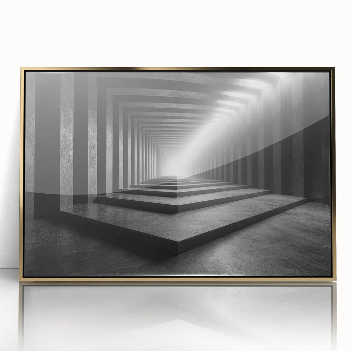Mid-century modernist acrylic print of architectural tunnels in gold frame, suited for modern art wall decor.