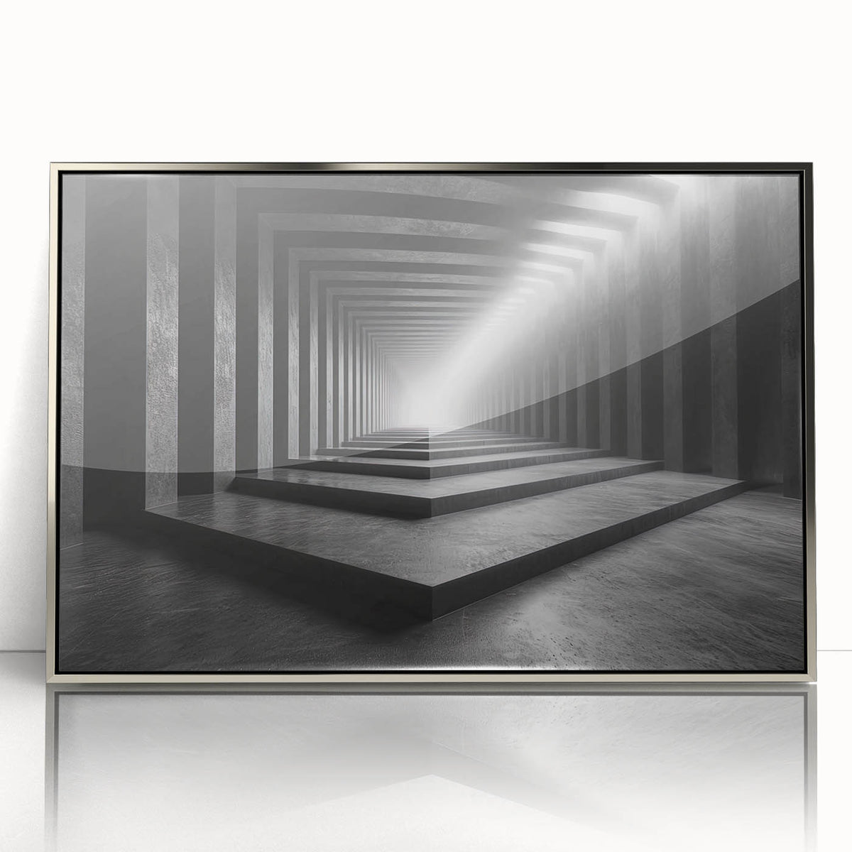 Mid-century modernist art depicting geometric tunnels in silver and gray tones on a framed acrylic.