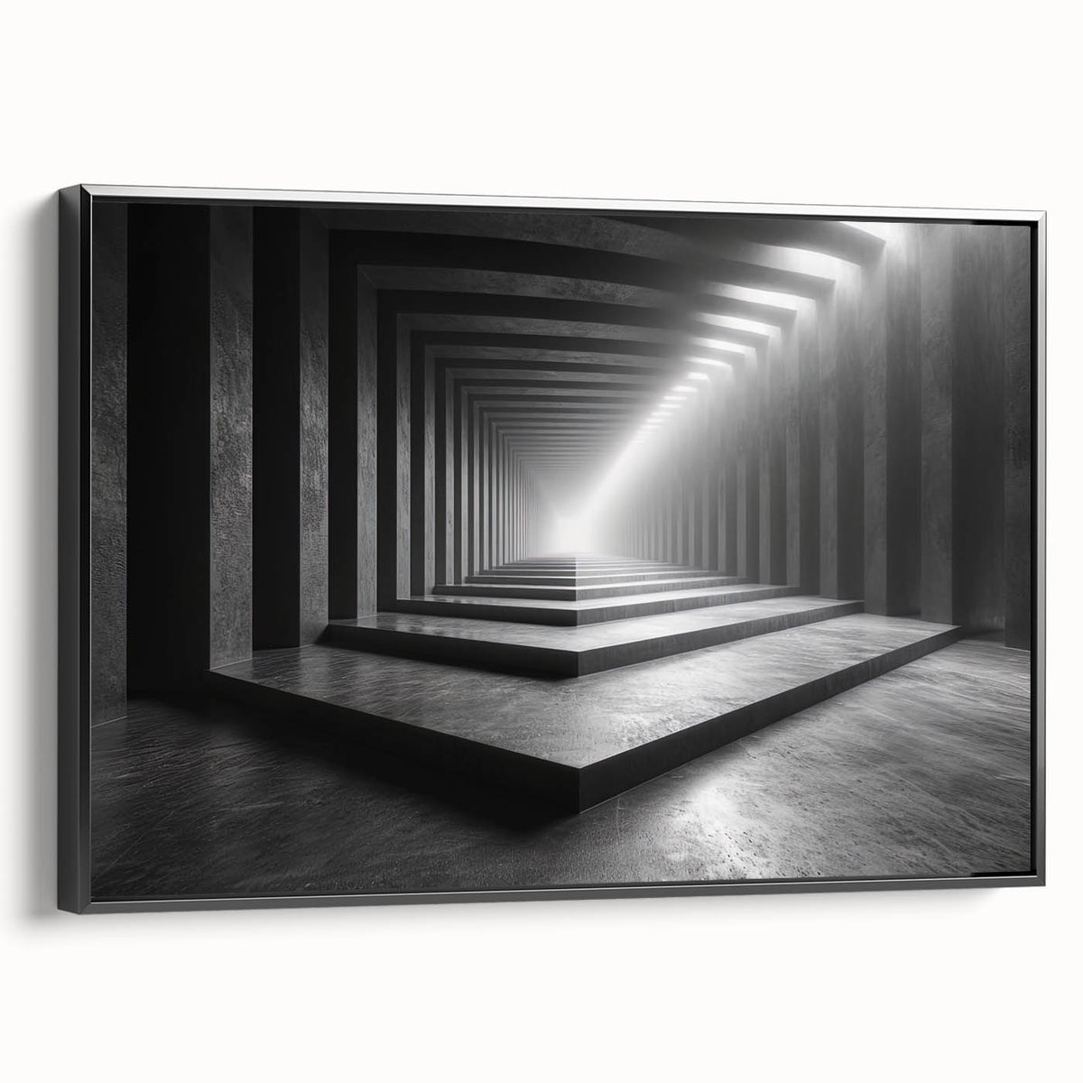 Black and white framed canvas featuring a vintage poster art style landscape of architectural tunnels.