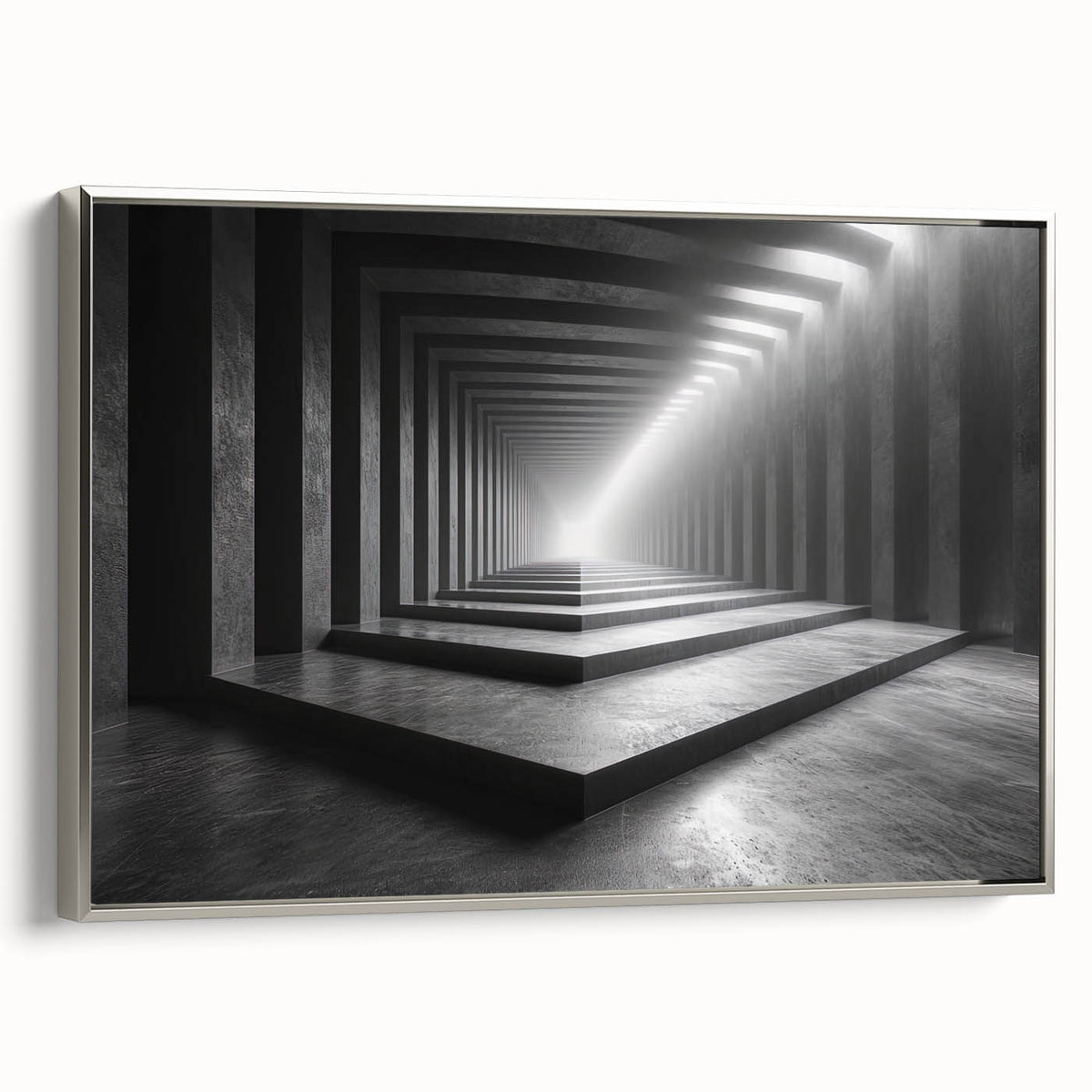 Framed canvas featuring a vintage poster of a landscape tunnel design in black with colorful accents, ideal for office decor.