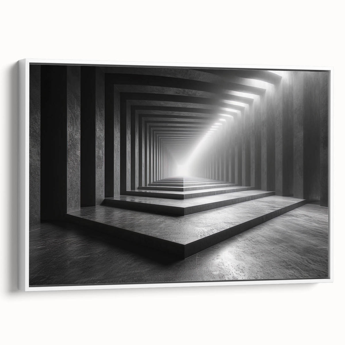 Vintage poster art of architectural tunnels in muted black and color, framed canvas, suitable for large living room walls.