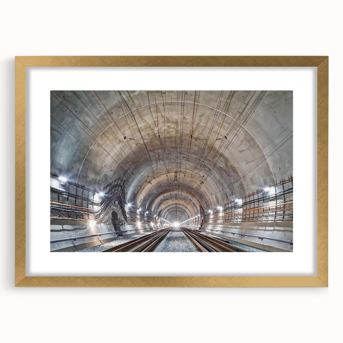 Extra large abstract art print featuring a textured design of architectural tunnels in gold frame.