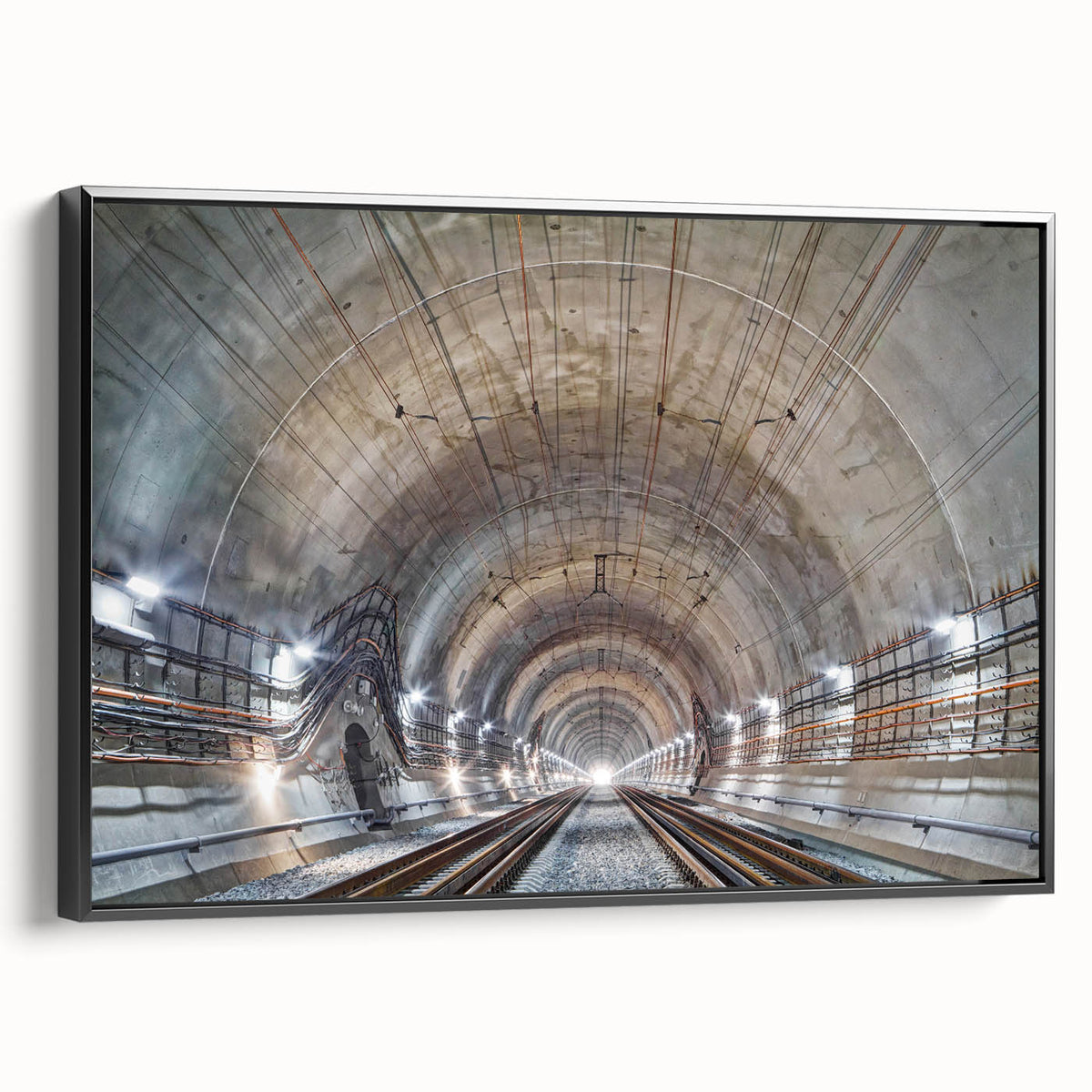 Framed canvas featuring a black and white vintage poster art of architectural tunnels, ideal for bedroom wall decor.