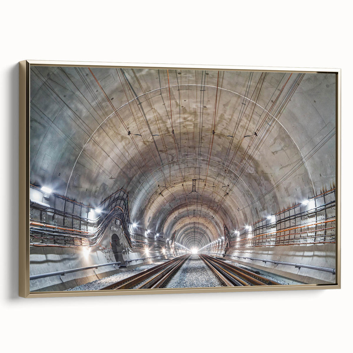Framed canvas featuring a vintage poster of a black and gold tunnel design, ideal for bedroom wall art.