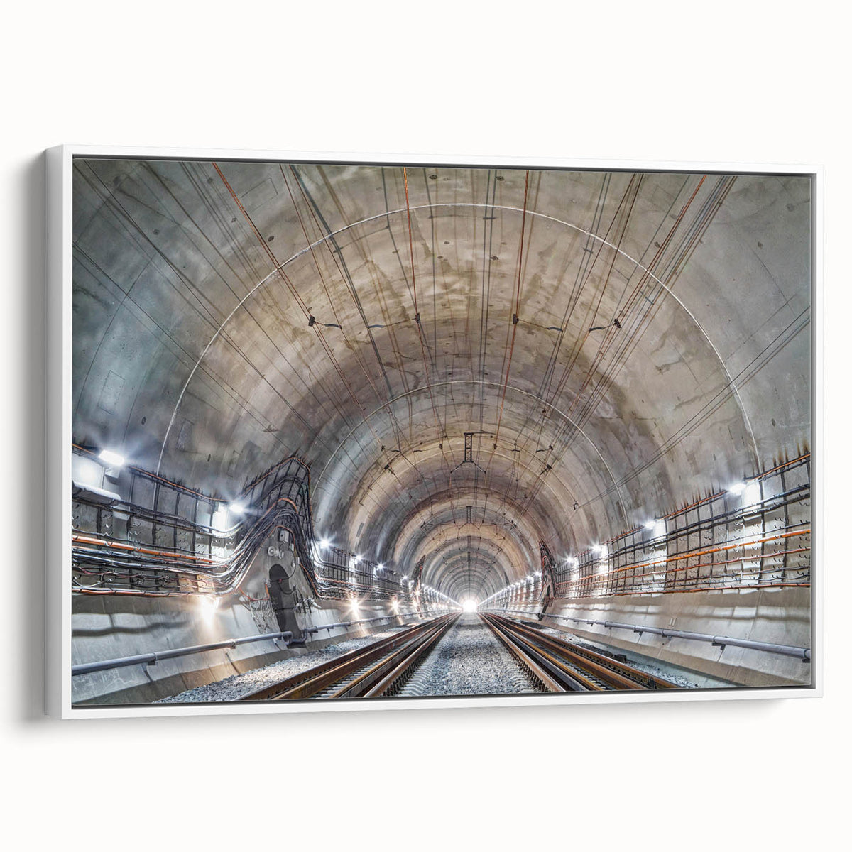 Vintage poster art featuring a black and colorful architectural tunnel design on an extra large framed canvas.