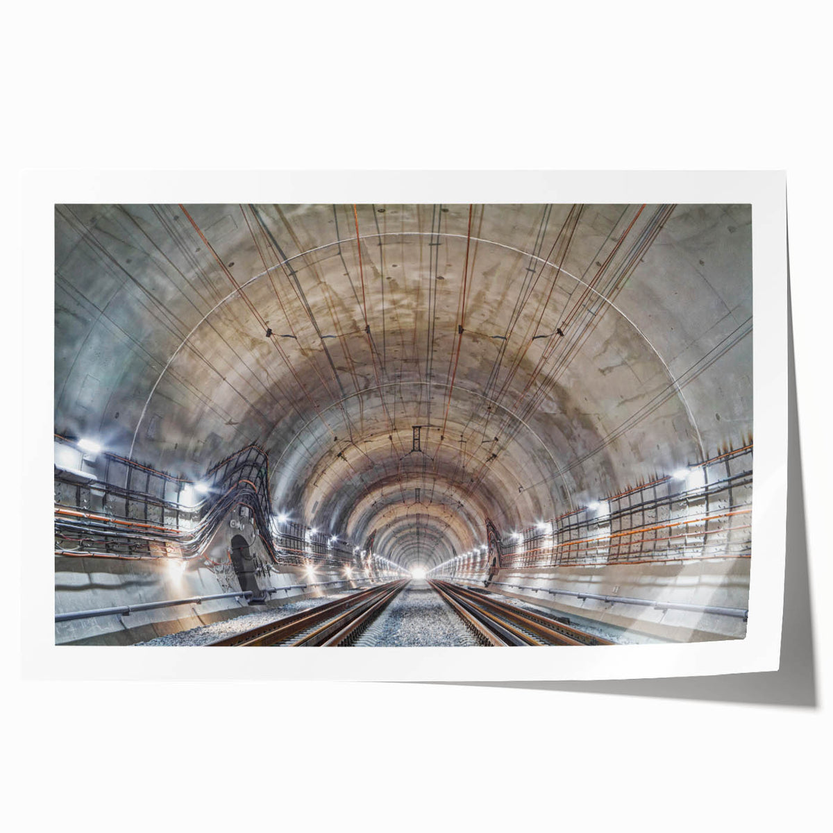 Extra large rolled print of a tunnel architecture in muted gray tones, ideal for art wall dining room.