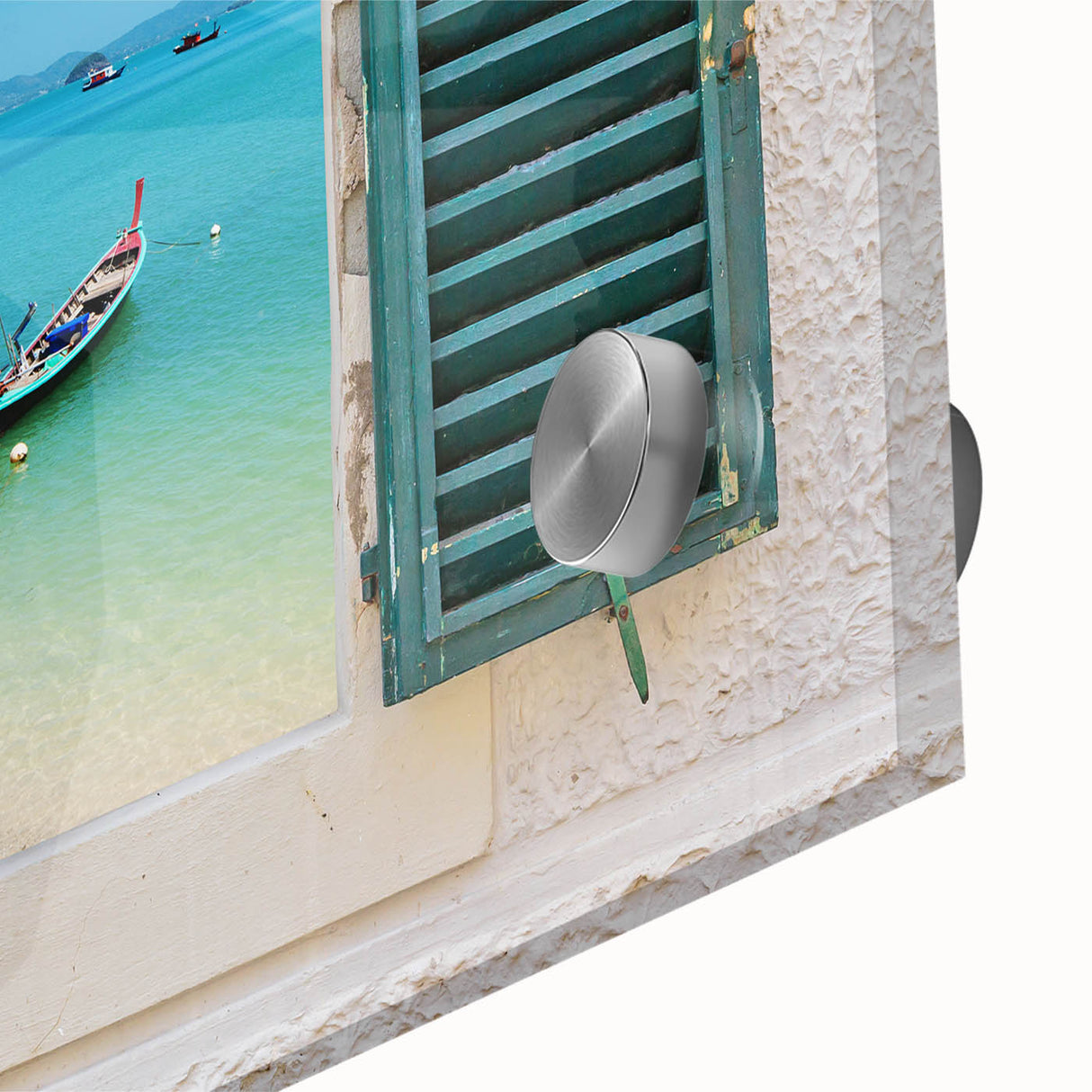 Large abstract wall art in mid-century modernist style, featuring geometric shapes in muted tones on acrylic glass.