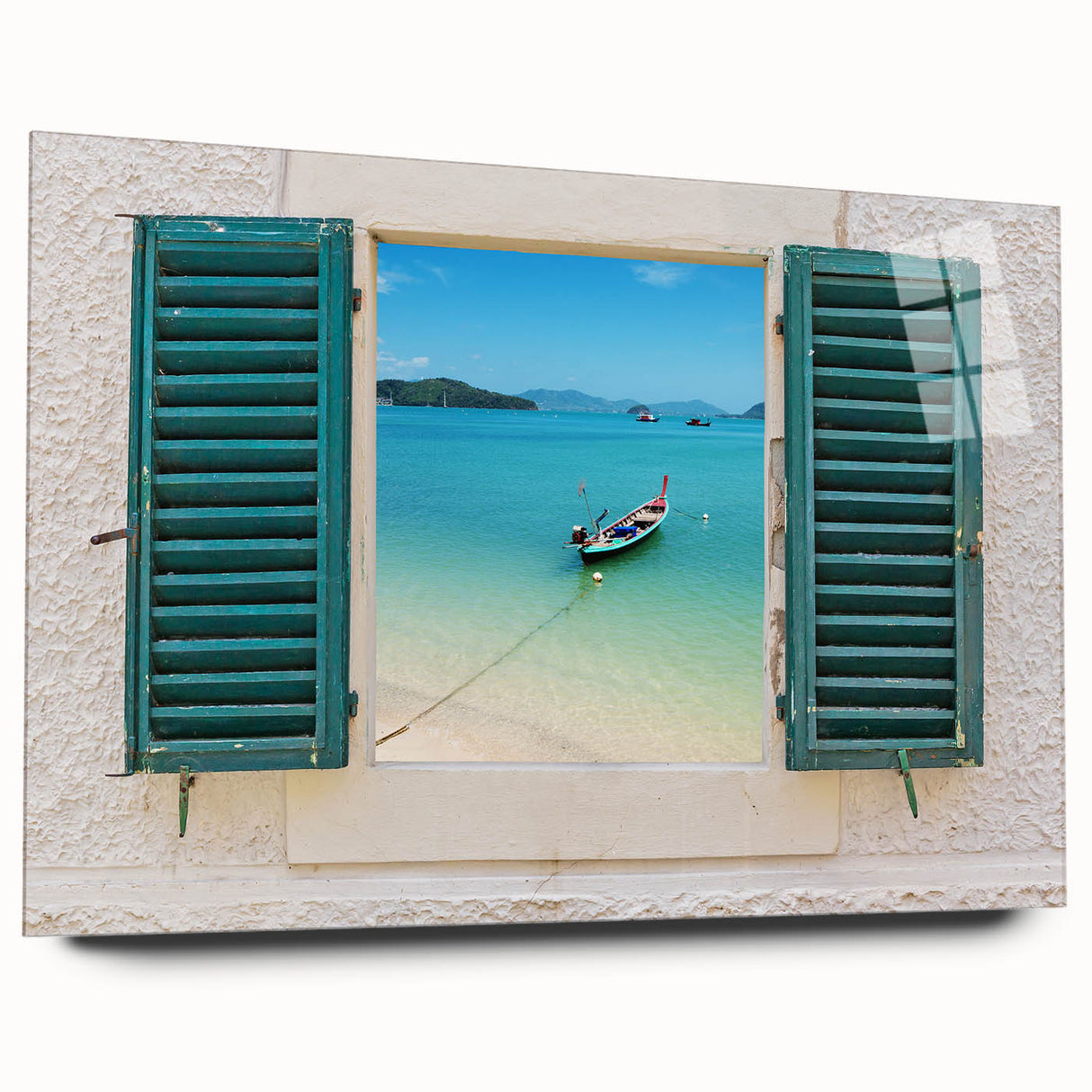 Large abstract wall art on acrylic glass featuring geometric shapes in muted grey and blue tones.