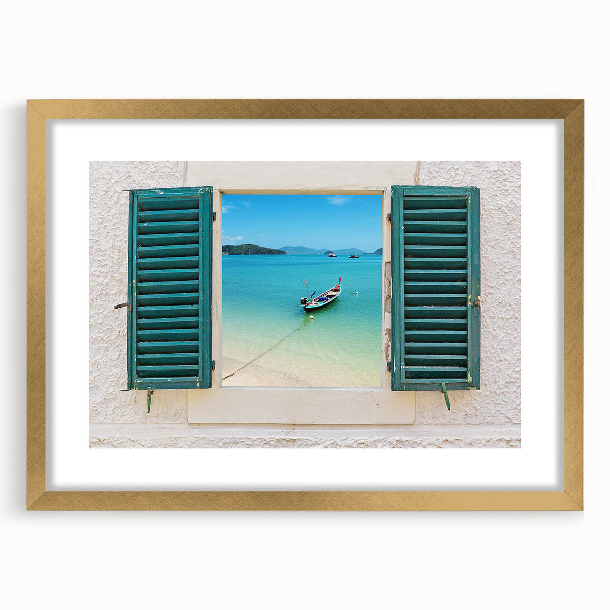 Textured abstract art print featuring geometric shapes in gold and white, framed in gold, ideal for bedroom art.