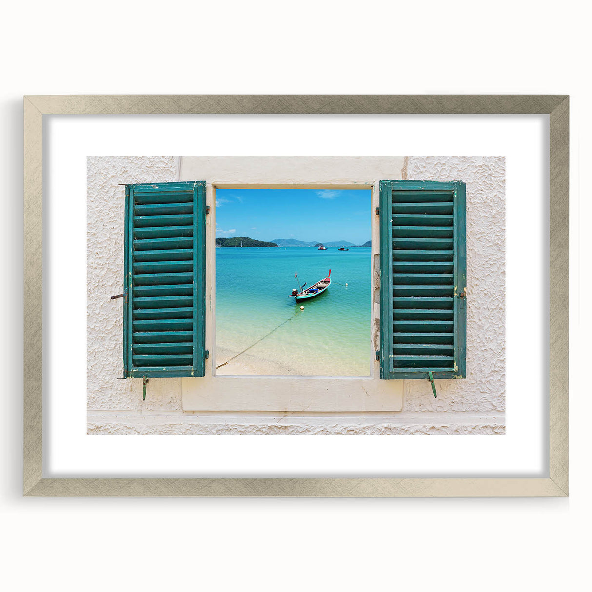 Abstract art print featuring geometric window designs in muted beige and white, framed in silver.