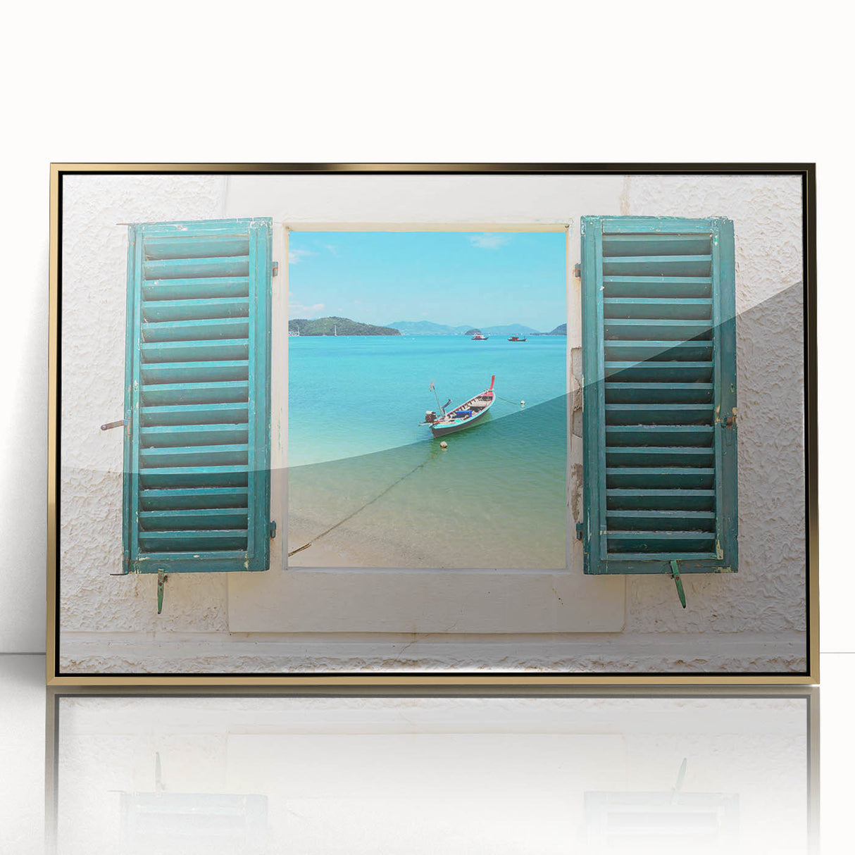 Mid-century modernist art deco poster featuring geometric designs in gold on acrylic, ideal for nursery wall art.