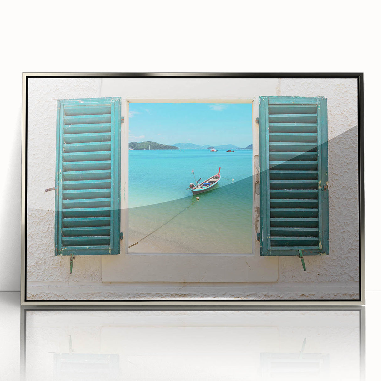 Art Deco style poster featuring geometric patterns in silver and black, framed acrylic, ideal for modern art wall decor.