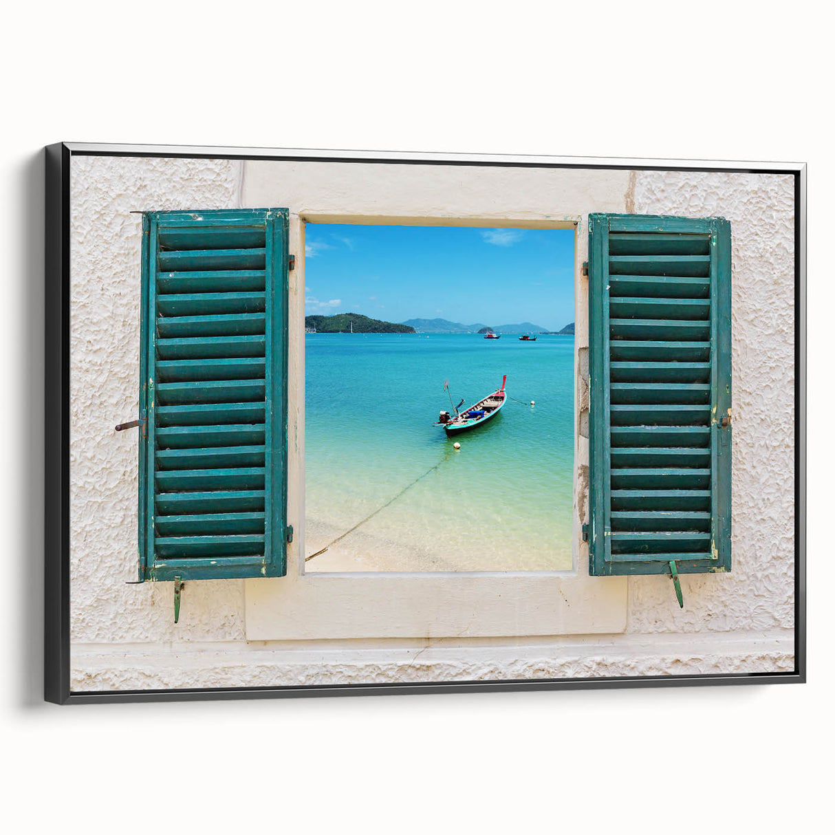 Black and white framed canvas featuring a vintage-style architectural window design, ideal for bedroom wall decor.