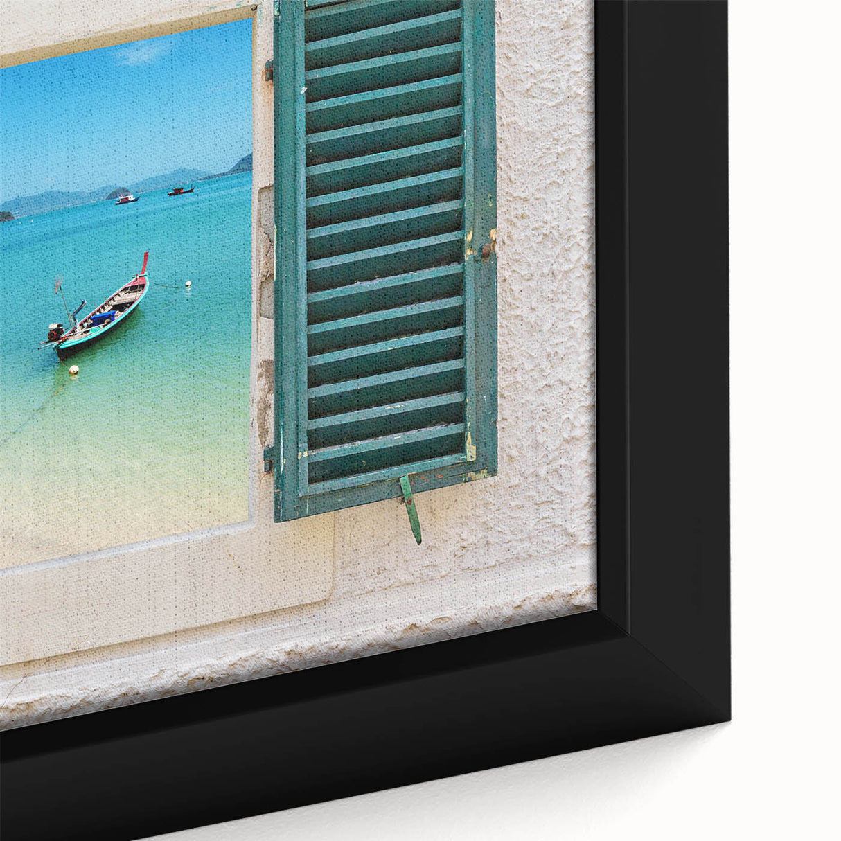 Close-up of black wall art featuring a colorful, textured window design on a framed canvas, ideal for living room decor.