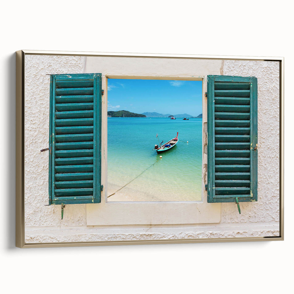 Framed canvas landscape art painting featuring a vintage window design in black with colorful accents.