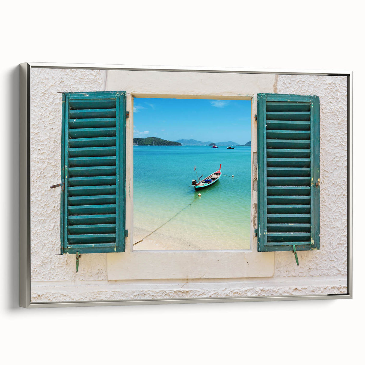 Vintage poster art of an architectural window design in colorful art palette, framed in silver.