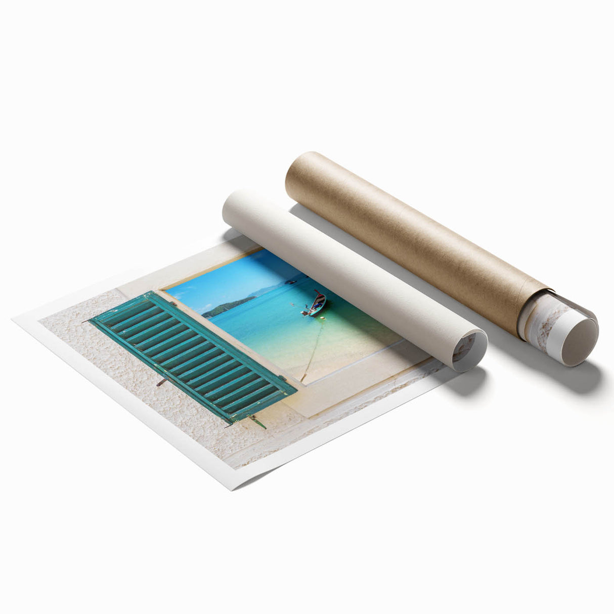 Extra large rolled print of a floral art window design in muted tones.