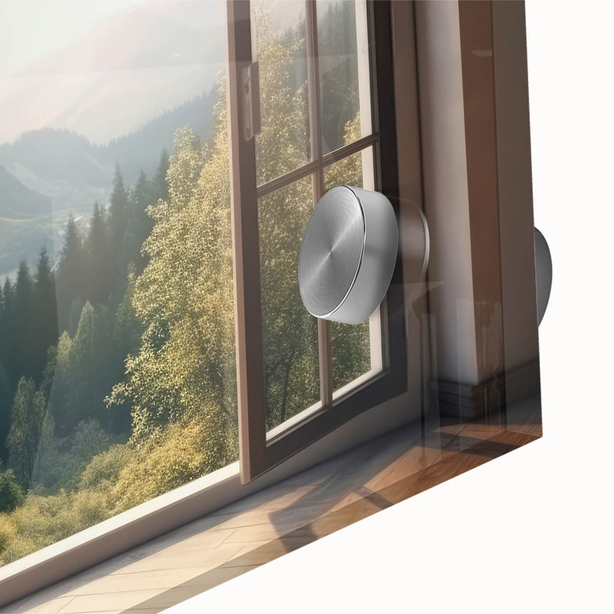 Acrylic glass print of large abstract wall art featuring mid-century modernist design in muted earth tones.