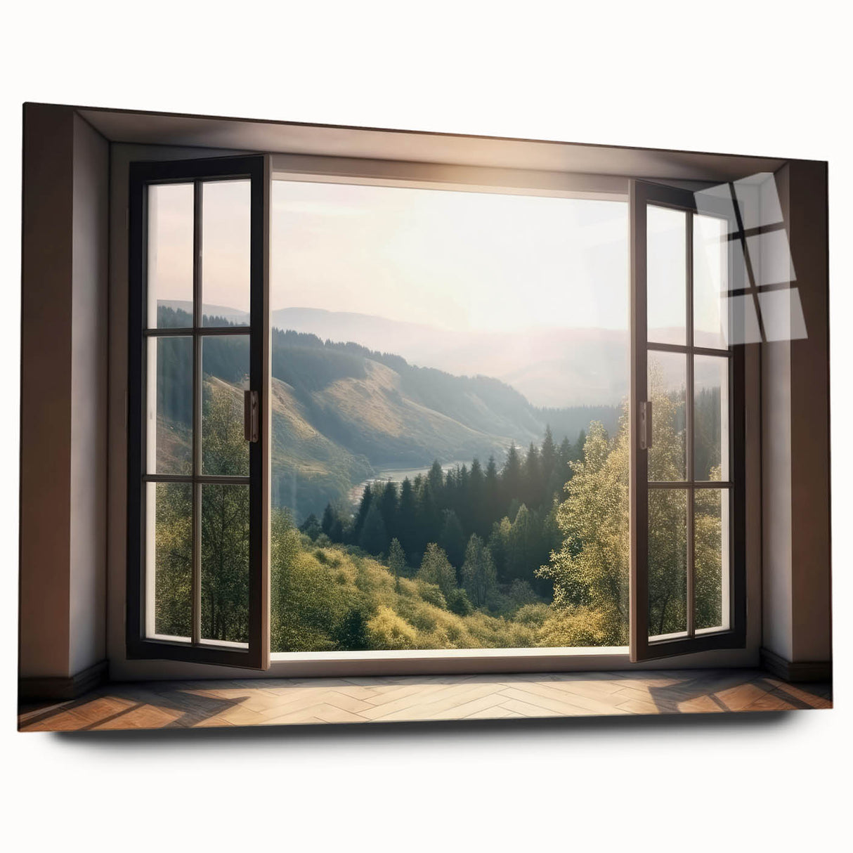 Large abstract wall art on acrylic, featuring geometric shapes in muted gray and blue tones.