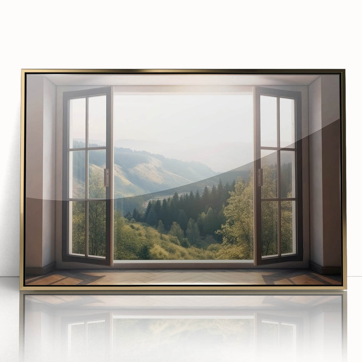 Mid-century modernist art deco poster featuring geometric patterns in gold and black, framed acrylic print.