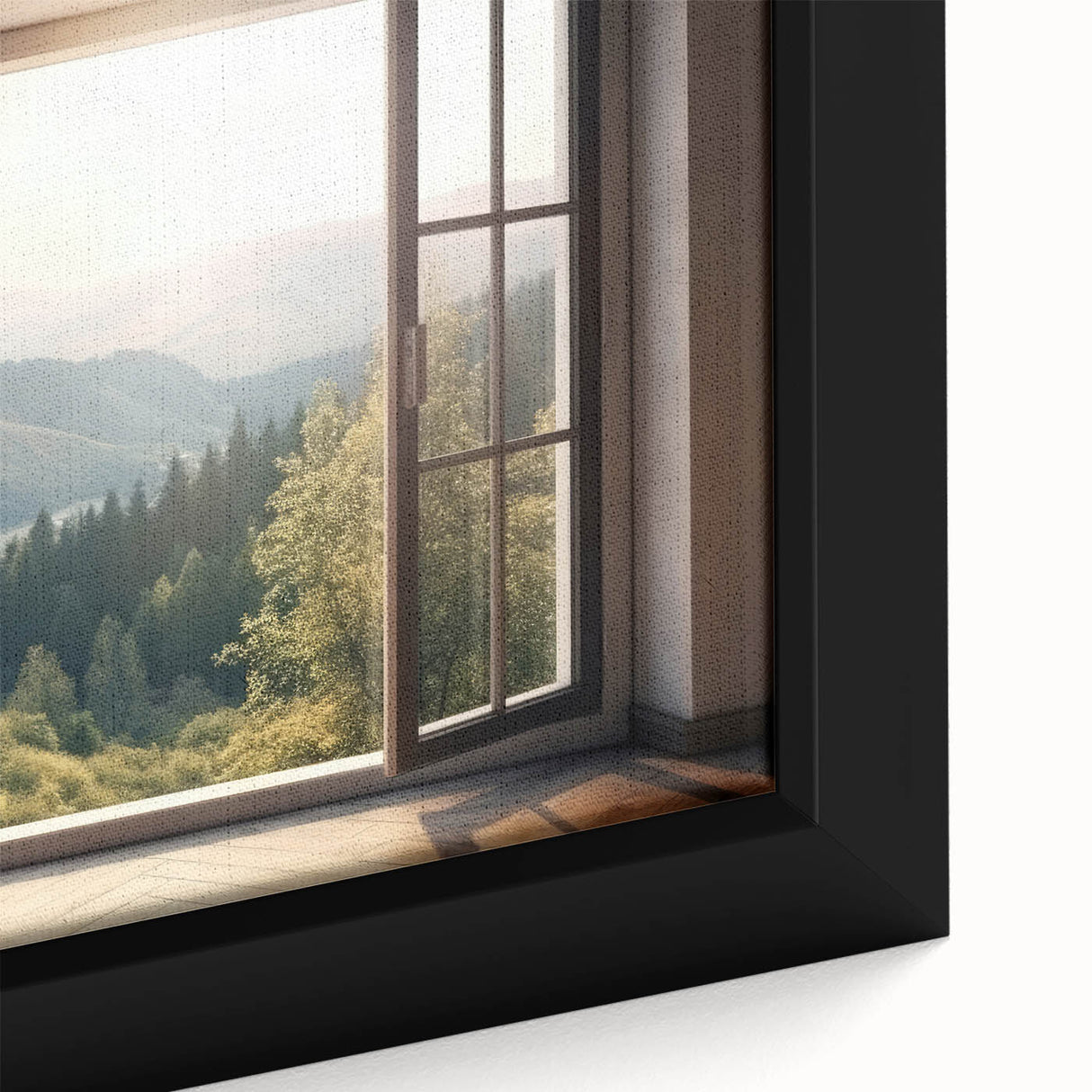 Close-up of a black framed canvas featuring a textured, colorful abstract design, ideal for living room decor.