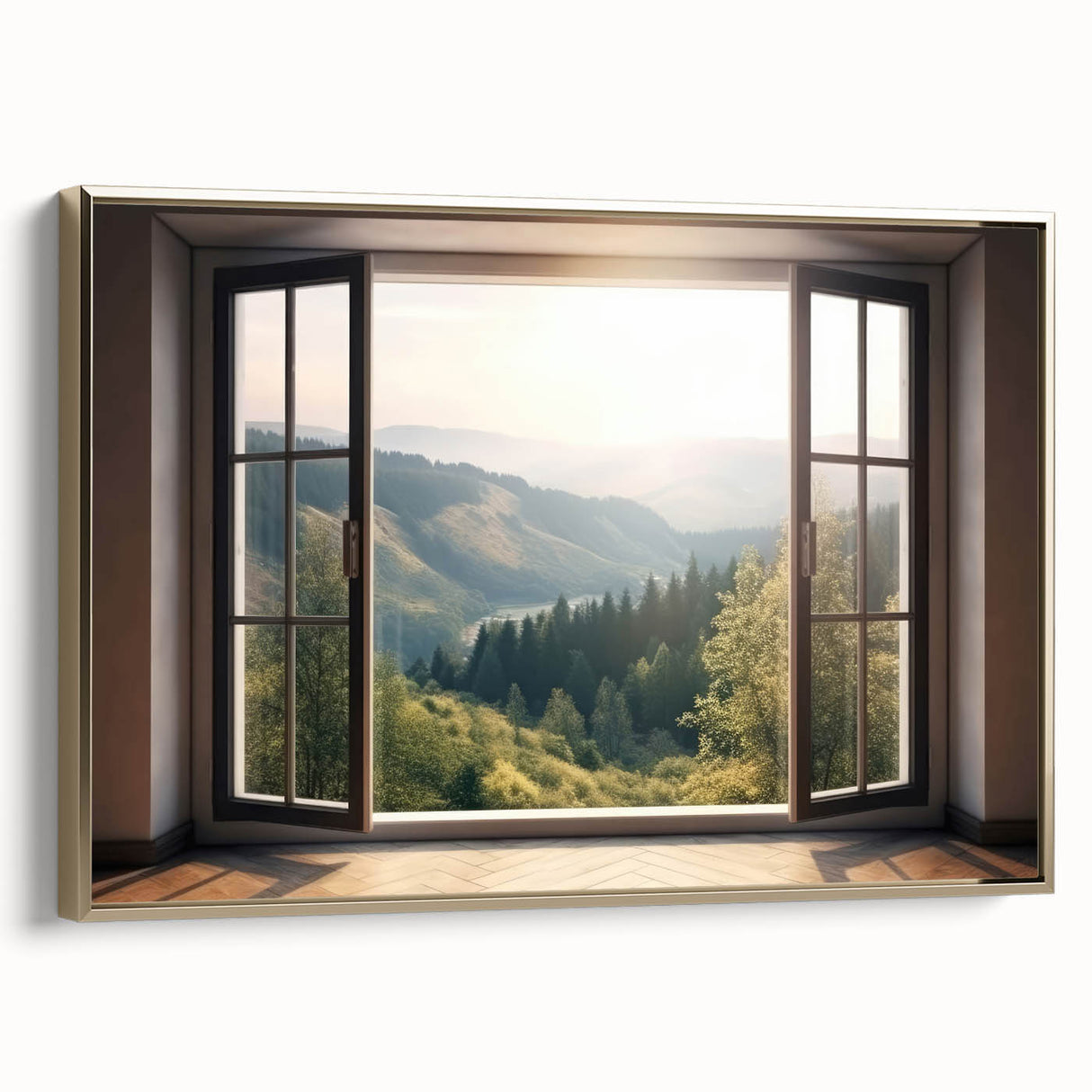 Framed canvas featuring a vintage landscape art painting with colorful elements and black accents.