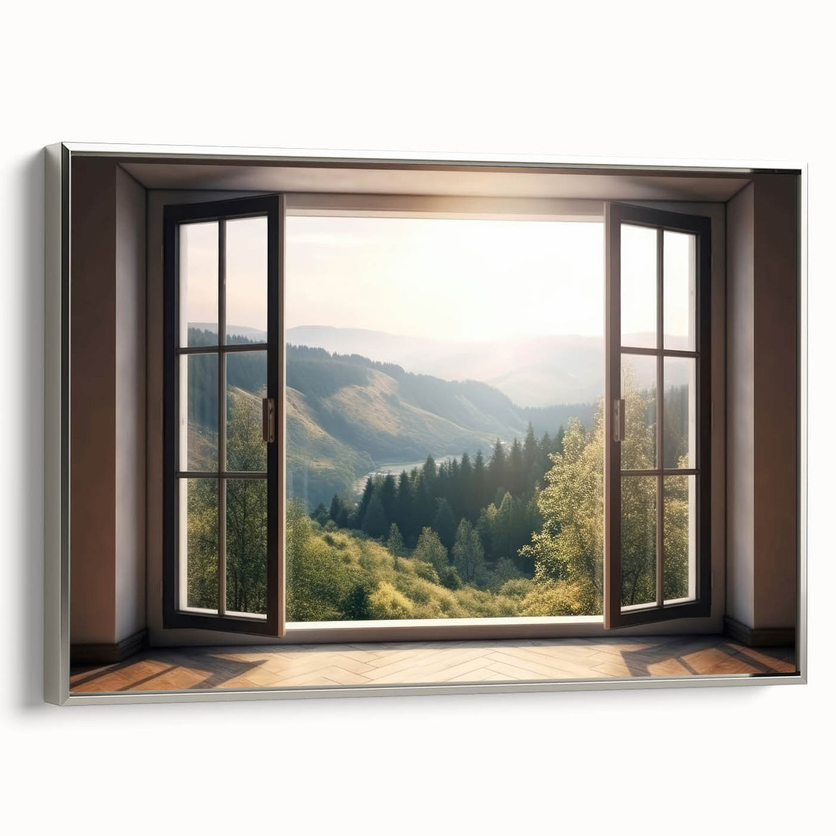 Vintage poster art of an architectural window design in black with colorful accents on a framed canvas.