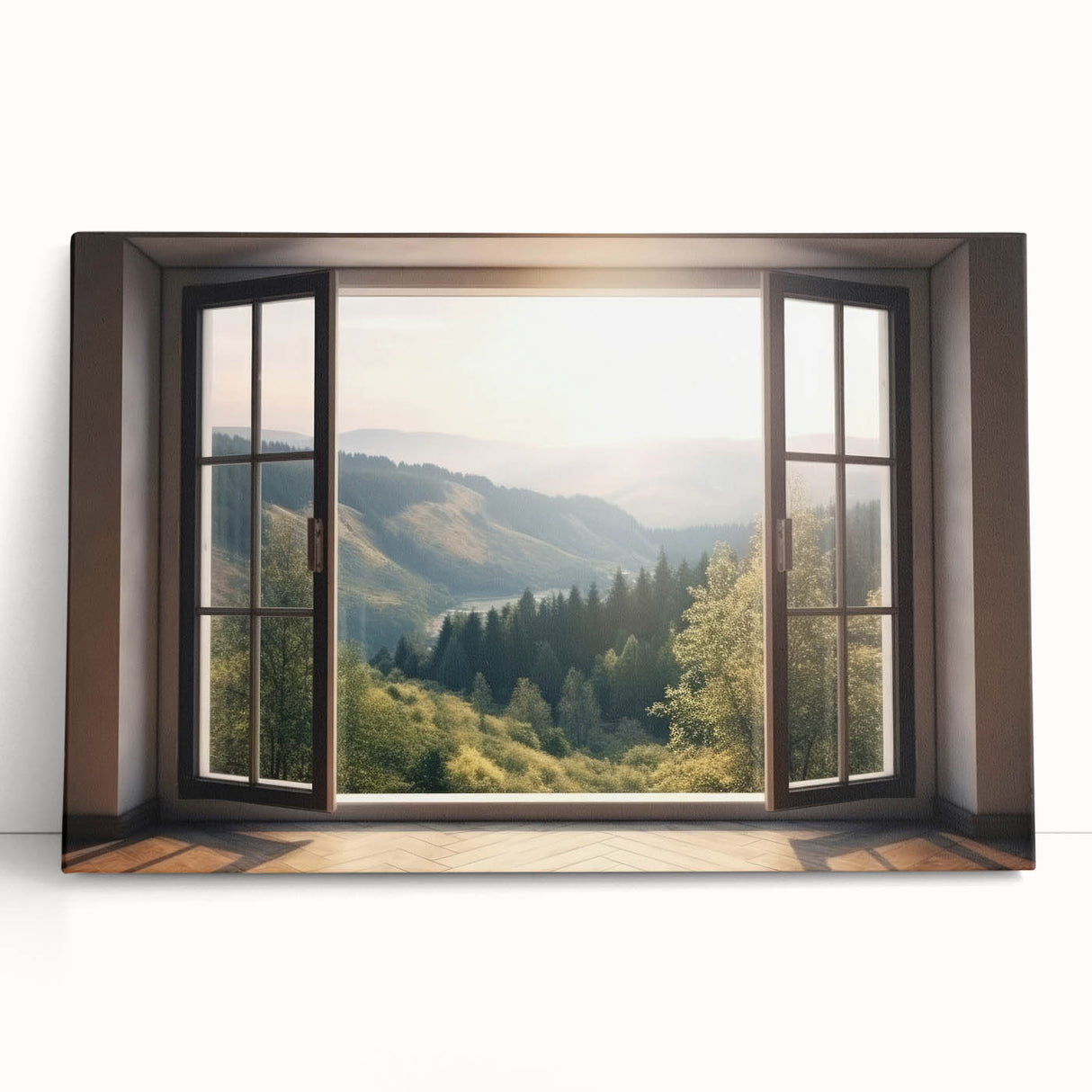 Black and white photo of an architectural window design on a stretched canvas.